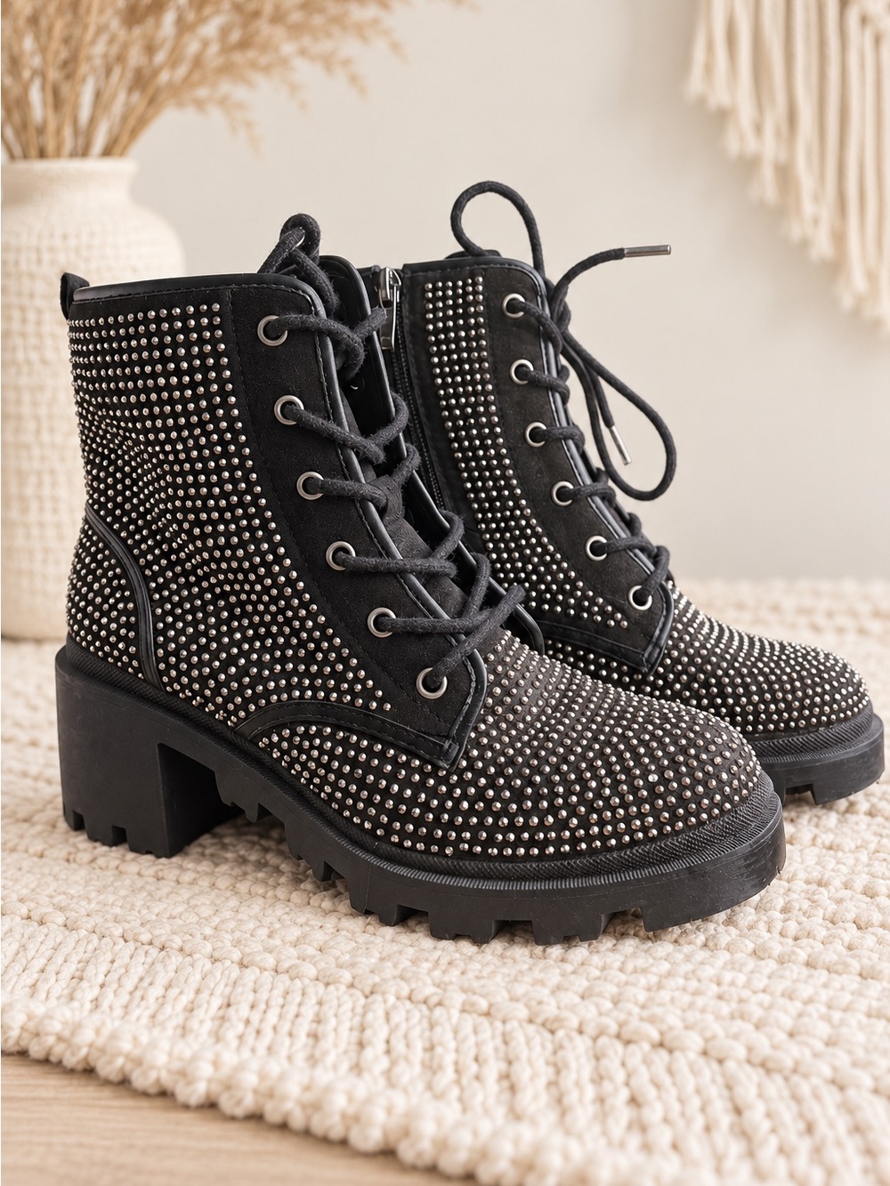 Steve Madden Black Rhinestone Studded Combat Bo